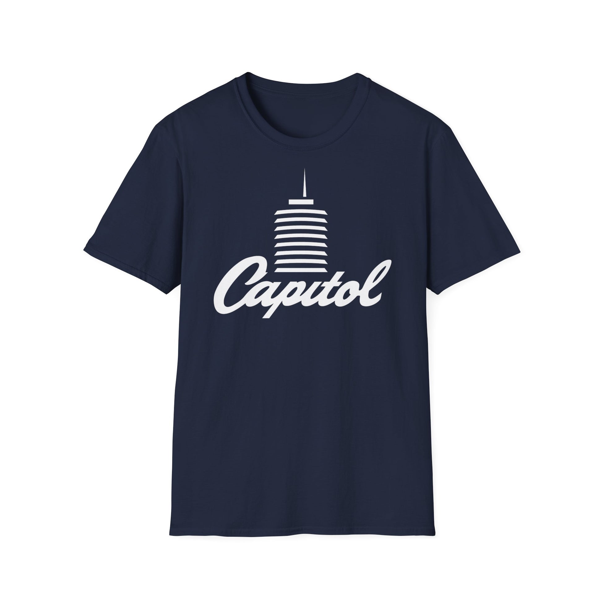 Navy t-shirt with white Capitol building graphic and text.