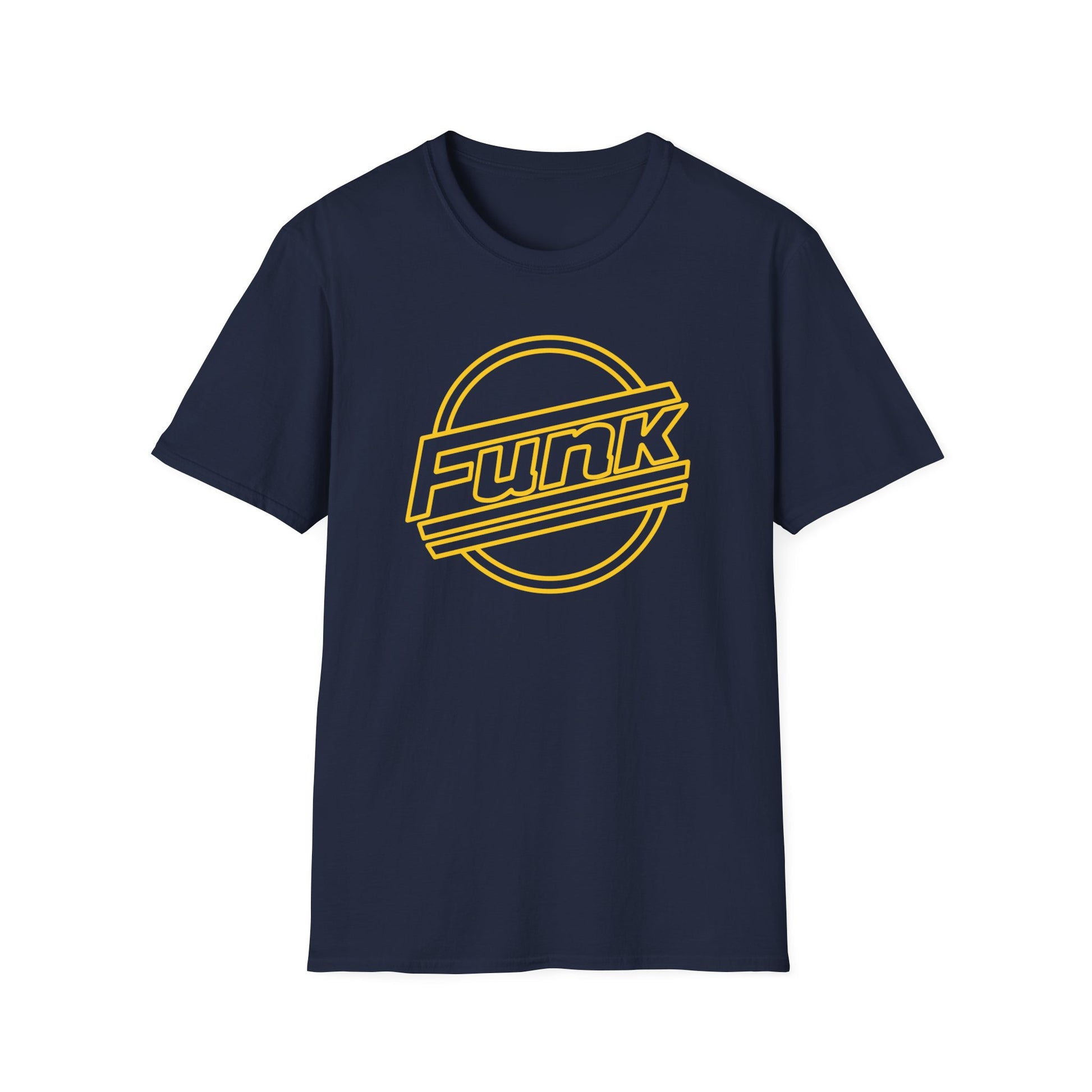 Navy t-shirt with yellow "Funk" text inside a circle and angled lines.