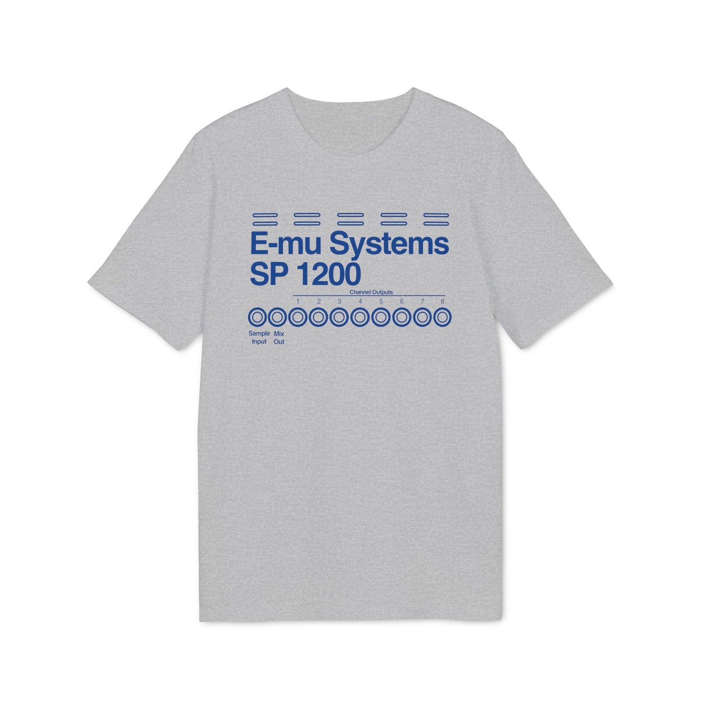 Grey t-shirt with blue E-mu Systems SP 1200 graphic and channel outputs.