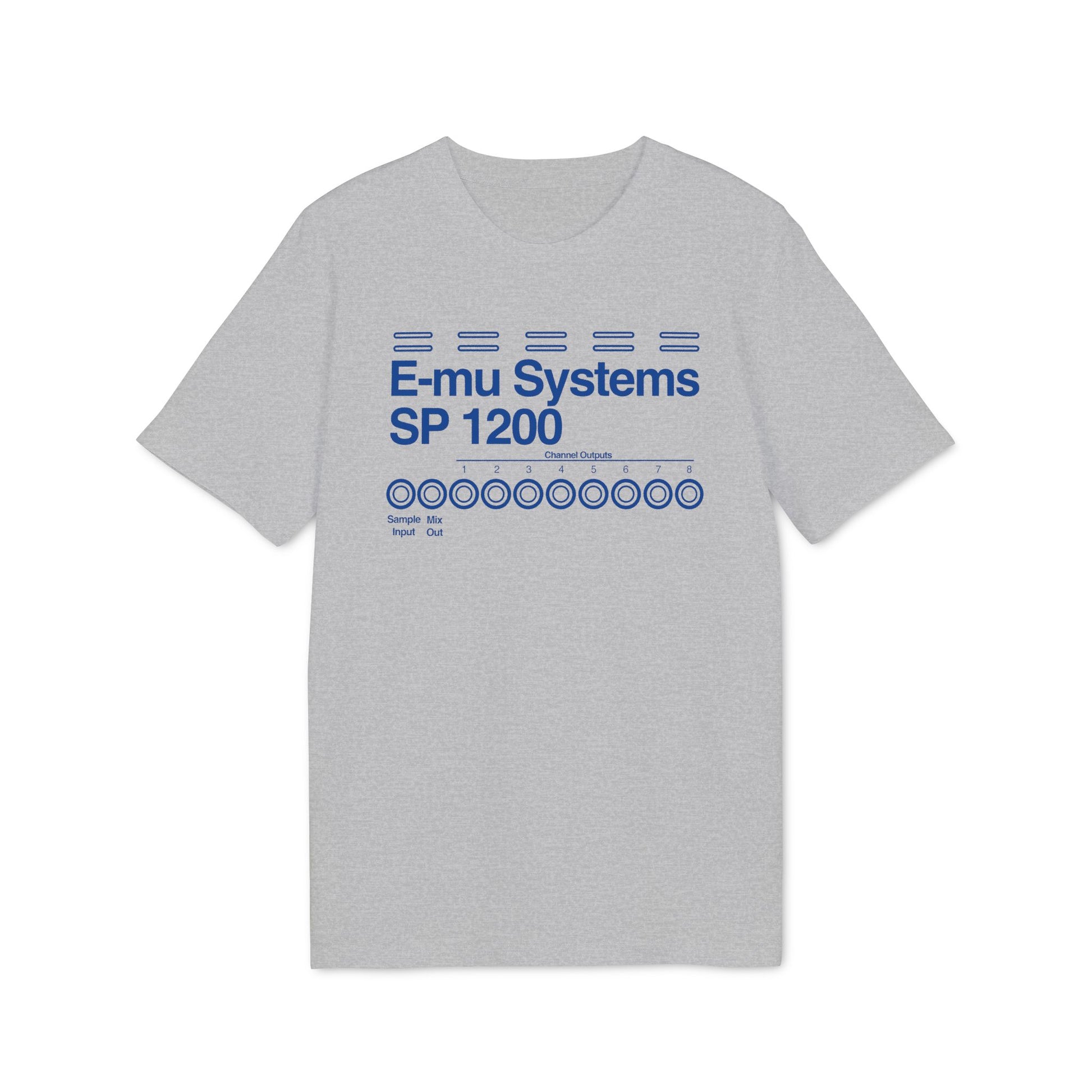 Grey t-shirt with blue E-mu Systems SP 1200 graphic and channel outputs.