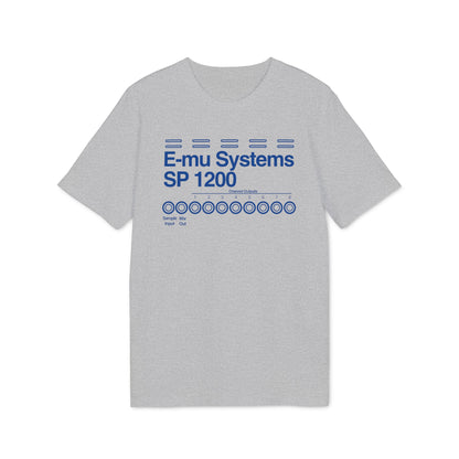 Grey t-shirt with blue E-mu Systems SP 1200 graphic and channel outputs.