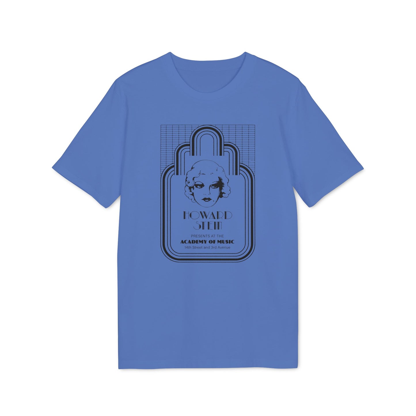Blue t-shirt with "Howard Stein Presents at the Academy of Music" text and portrait.