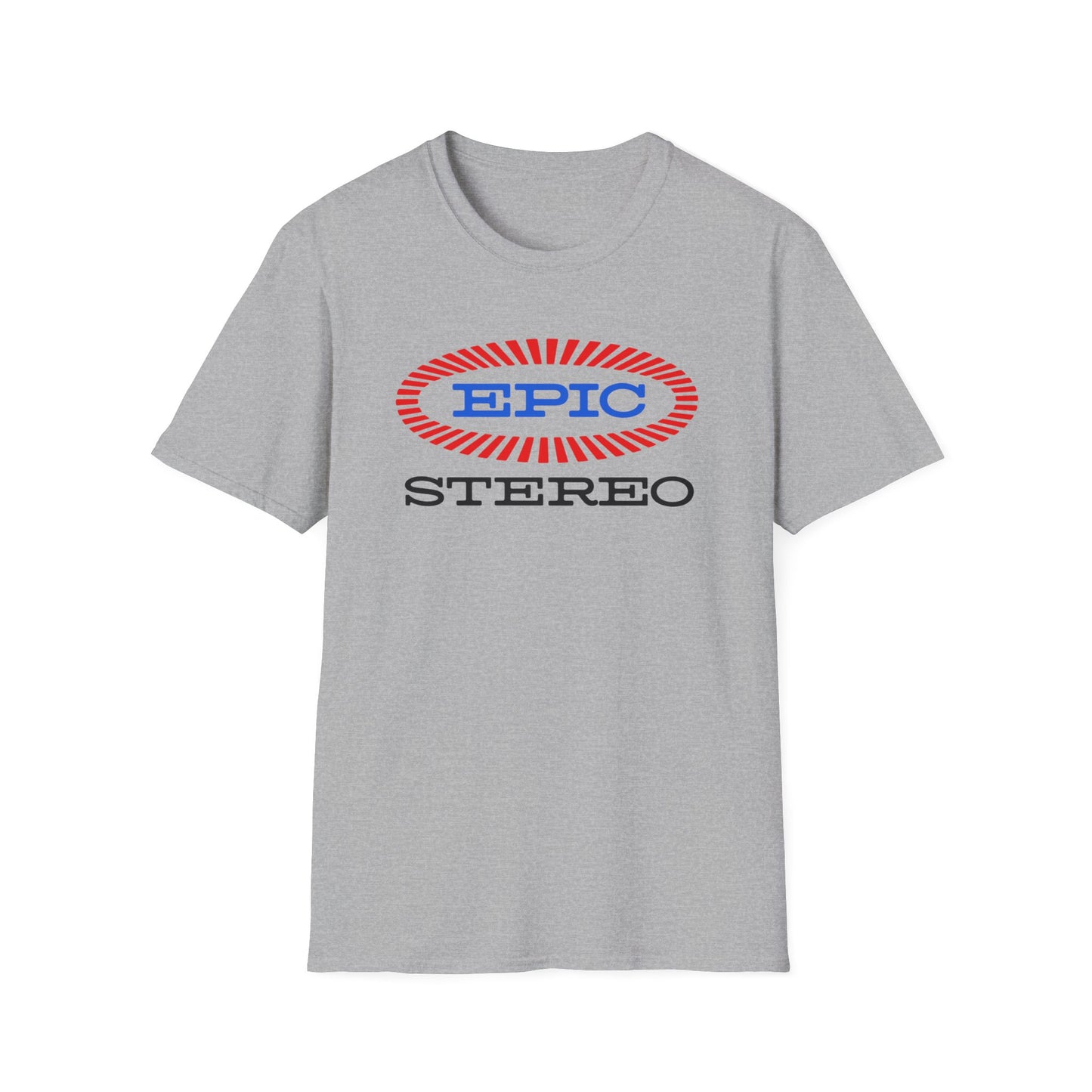 Grey t-shirt with red and blue "EPIC" and "STEREO" logo.