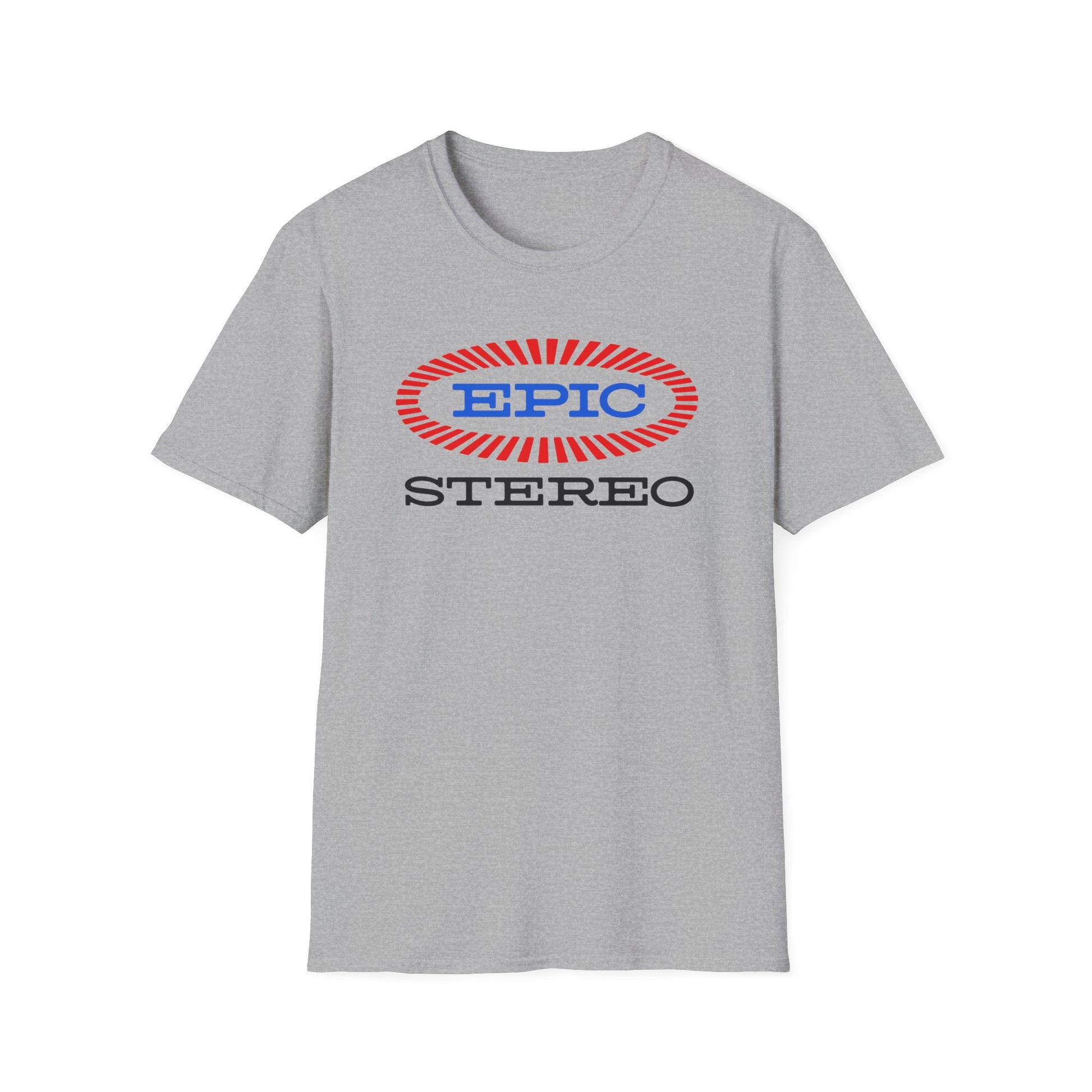 Grey t-shirt with red and blue "EPIC" and "STEREO" logo.