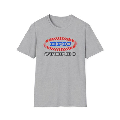 Grey t-shirt with red and blue "EPIC" and "STEREO" logo.