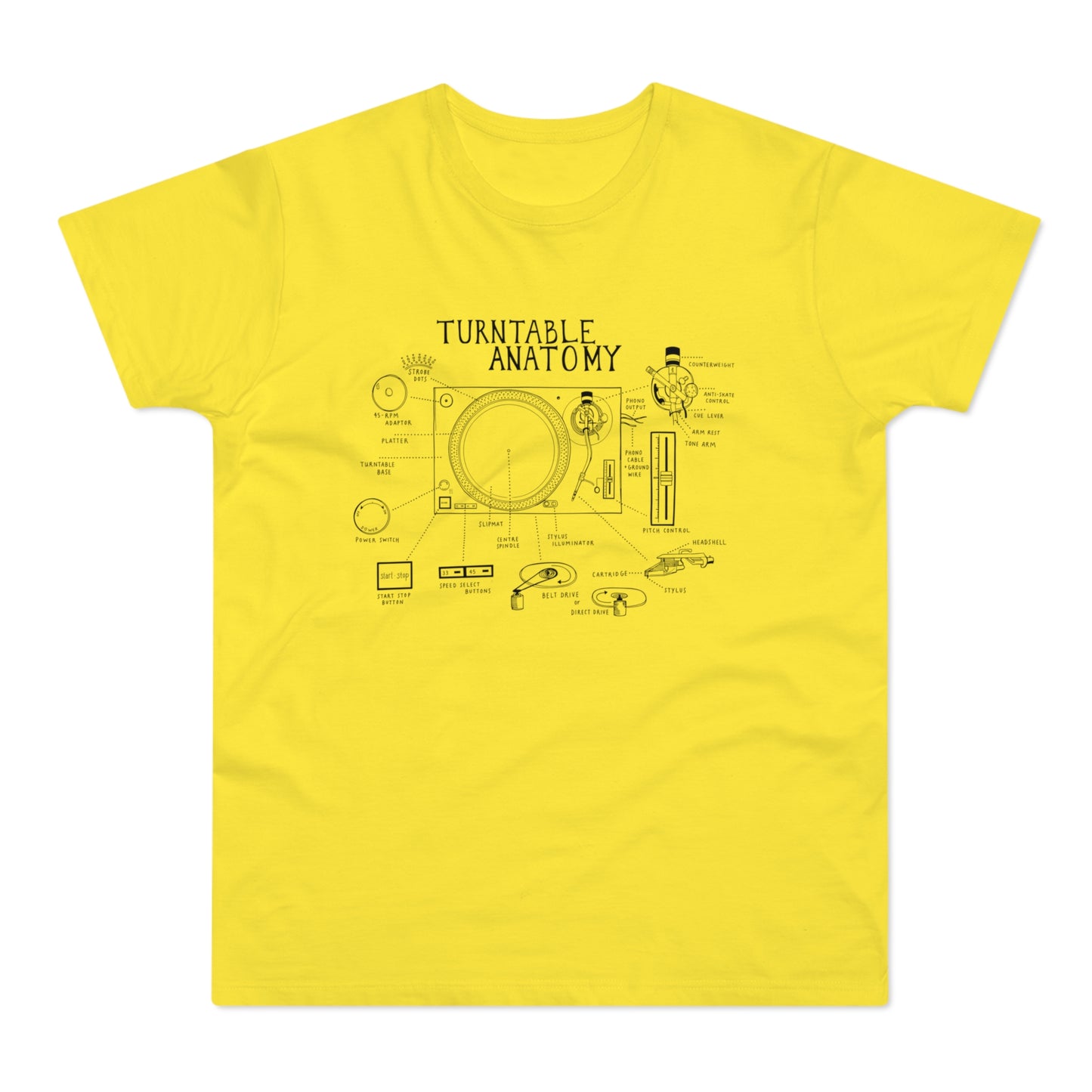 Yellow t-shirt with a black ink diagram of turntable anatomy and its parts labeled.