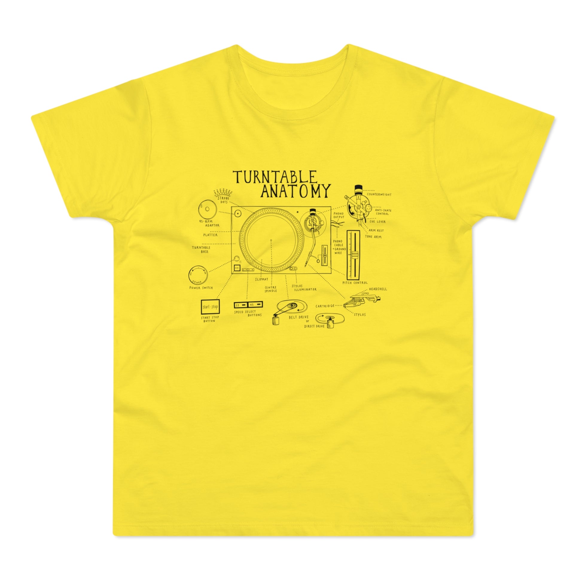 Yellow t-shirt with a black ink diagram of turntable anatomy and its parts labeled.