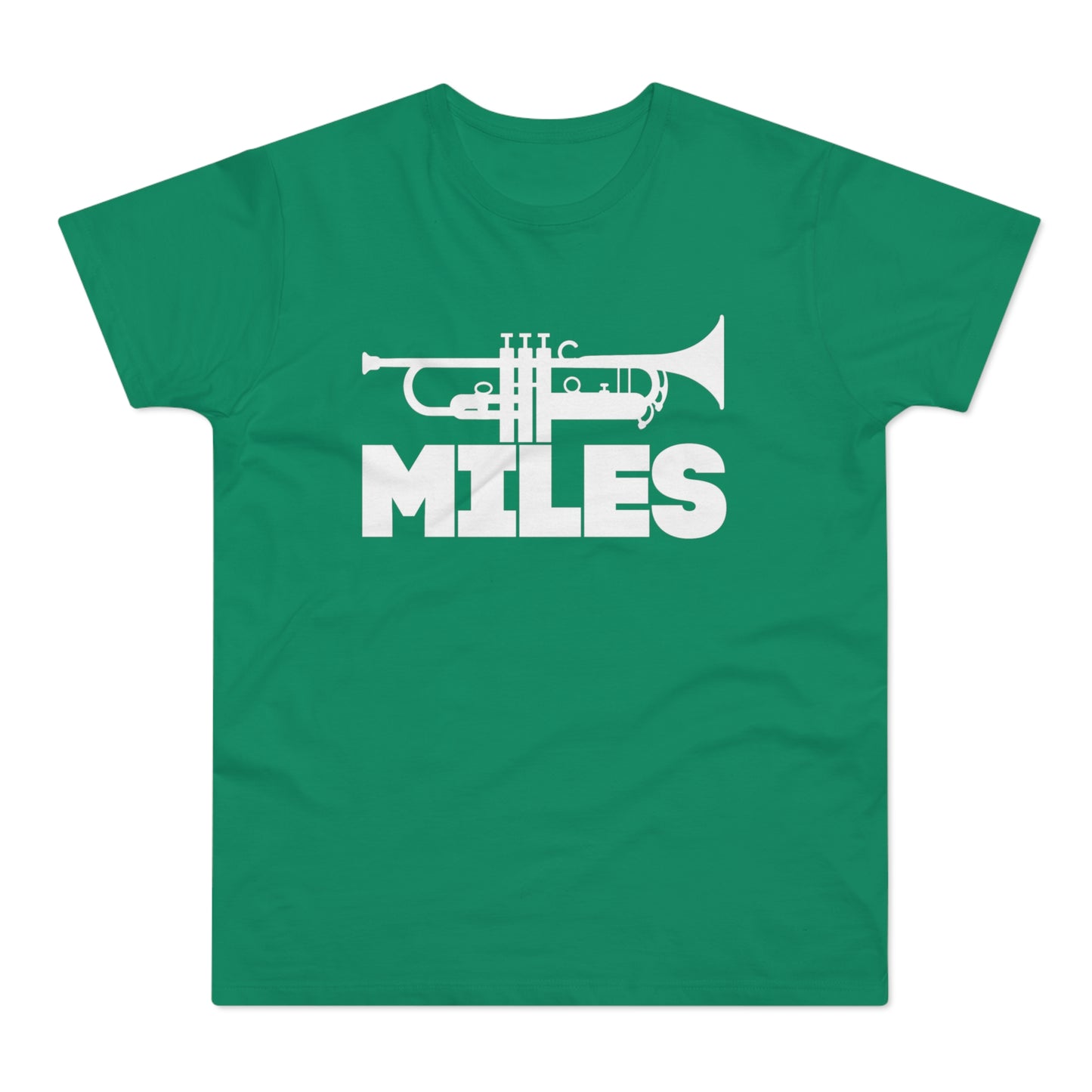 Green t-shirt with a white trumpet graphic and the word "MILES".