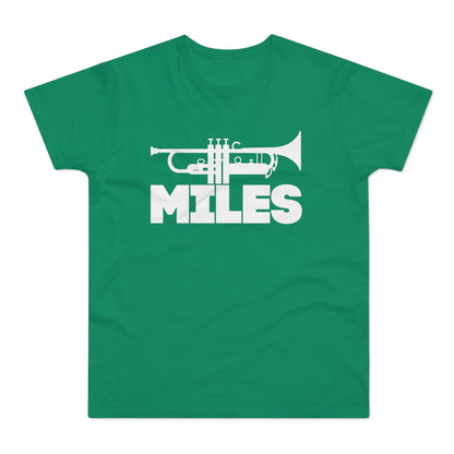 Green t-shirt with a white trumpet graphic and the word "MILES".