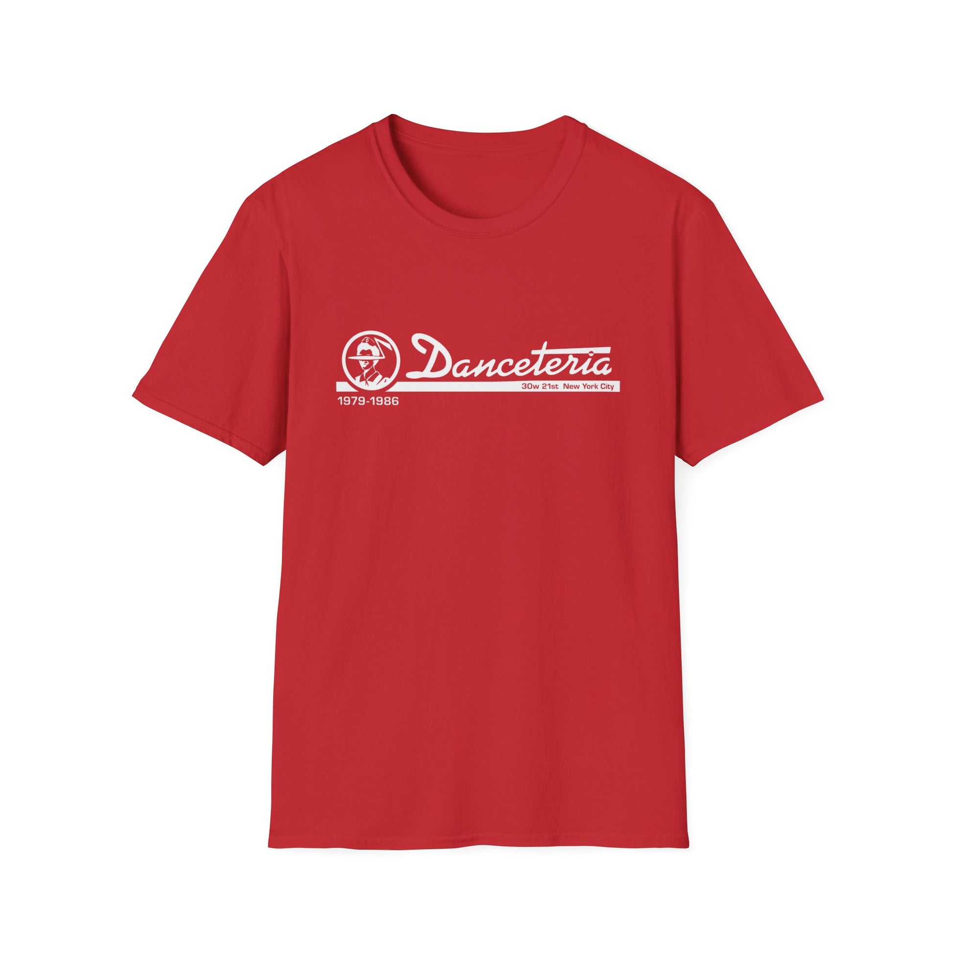 Red t-shirt with white "Danceteria 1979-1986 30w 21st New York City" logo.