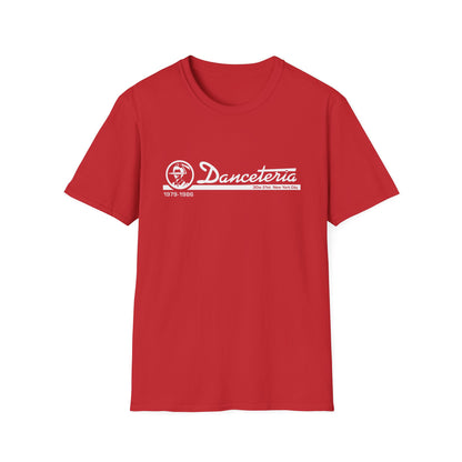 Red t-shirt with white "Danceteria 1979-1986 30w 21st New York City" logo.