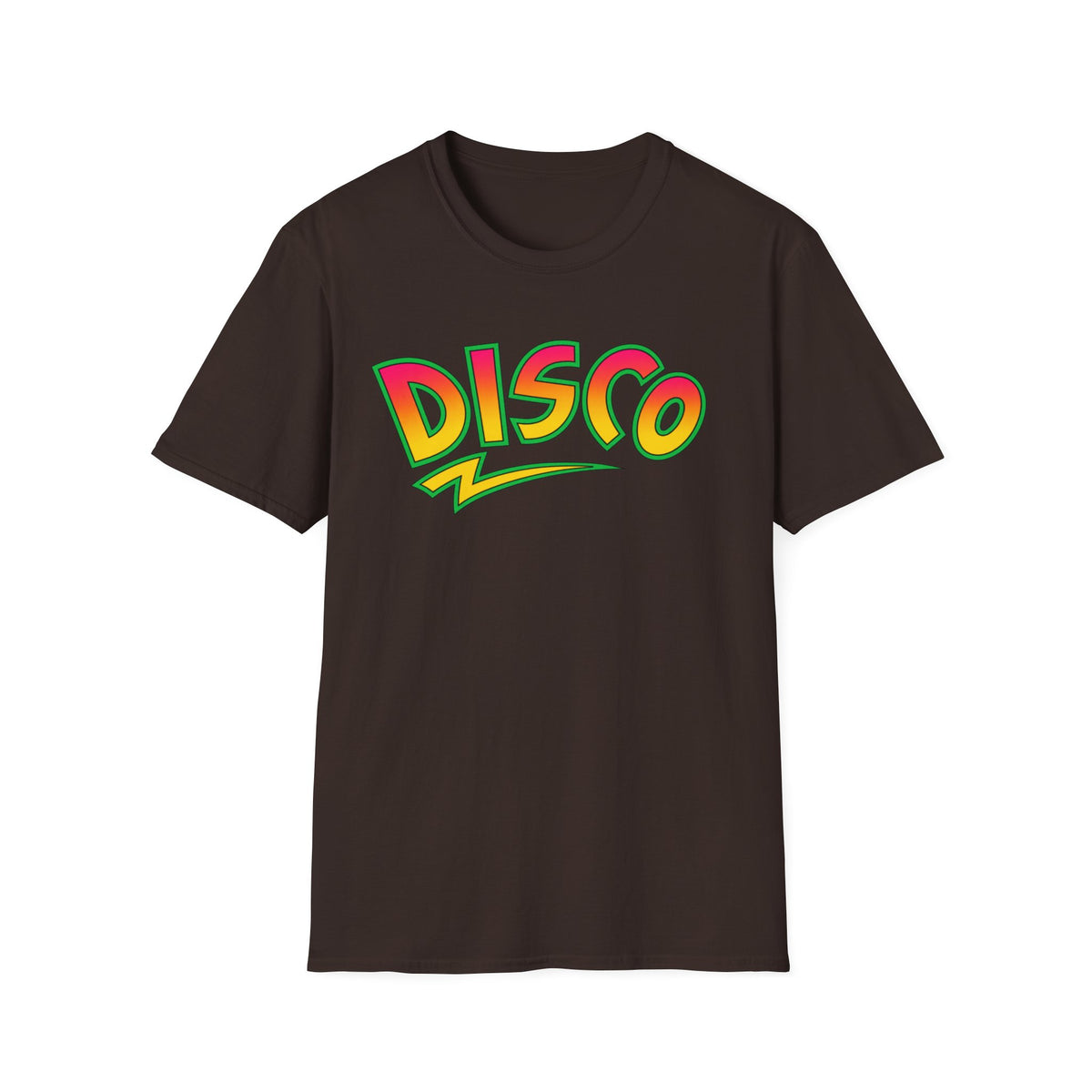 Brown t-shirt with a colorful "DISCO" text graphic and lightning bolt.