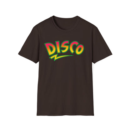Brown t-shirt with a colorful "DISCO" text graphic and lightning bolt.