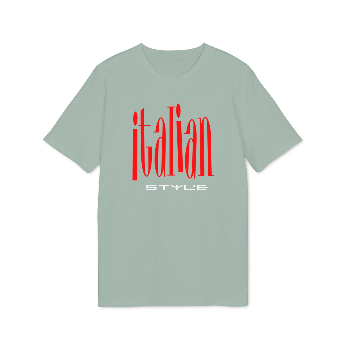 Light green t-shirt with red "italian STYLE" text graphic.