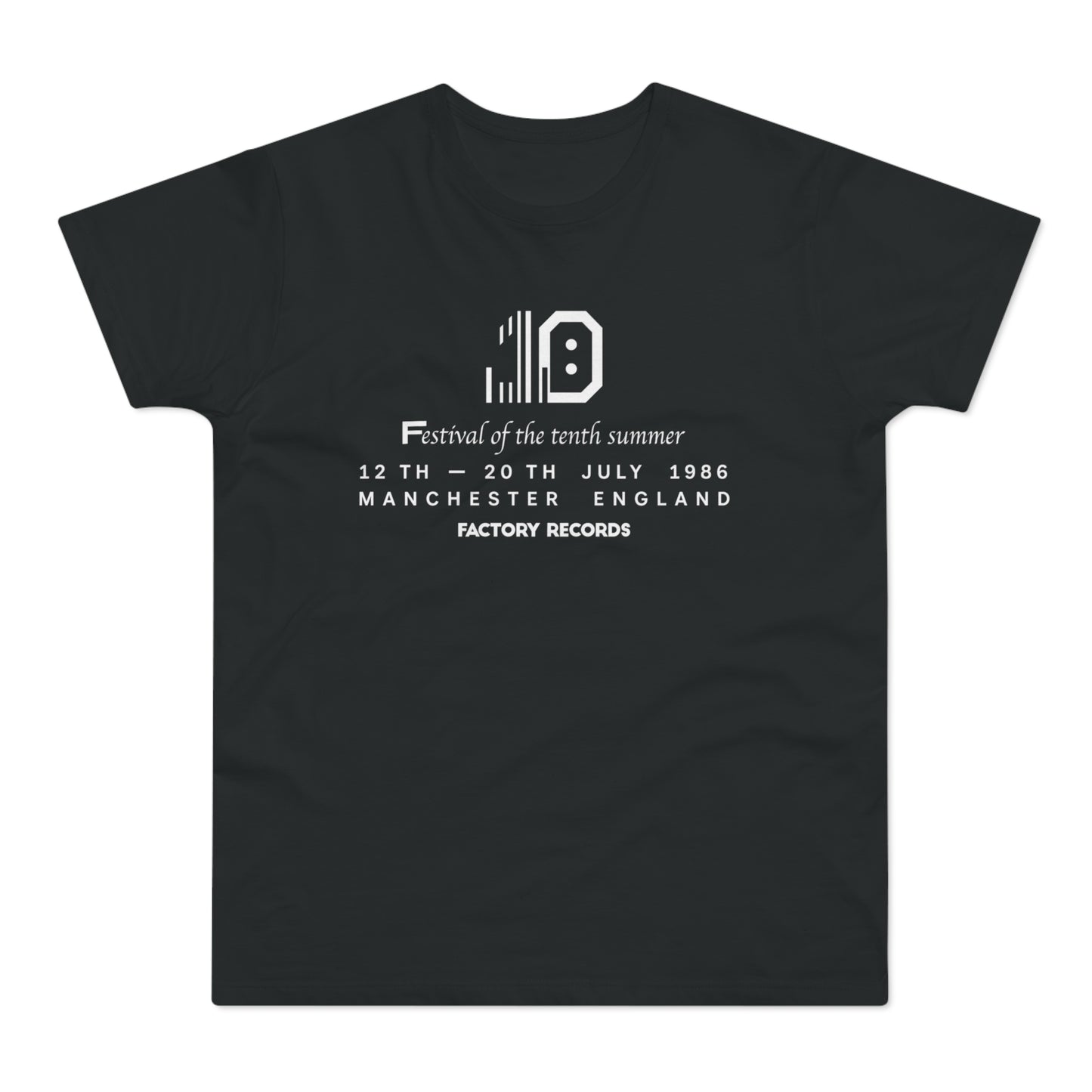 Black t-shirt with "Festival of the tenth summer" and Factory Records branding.