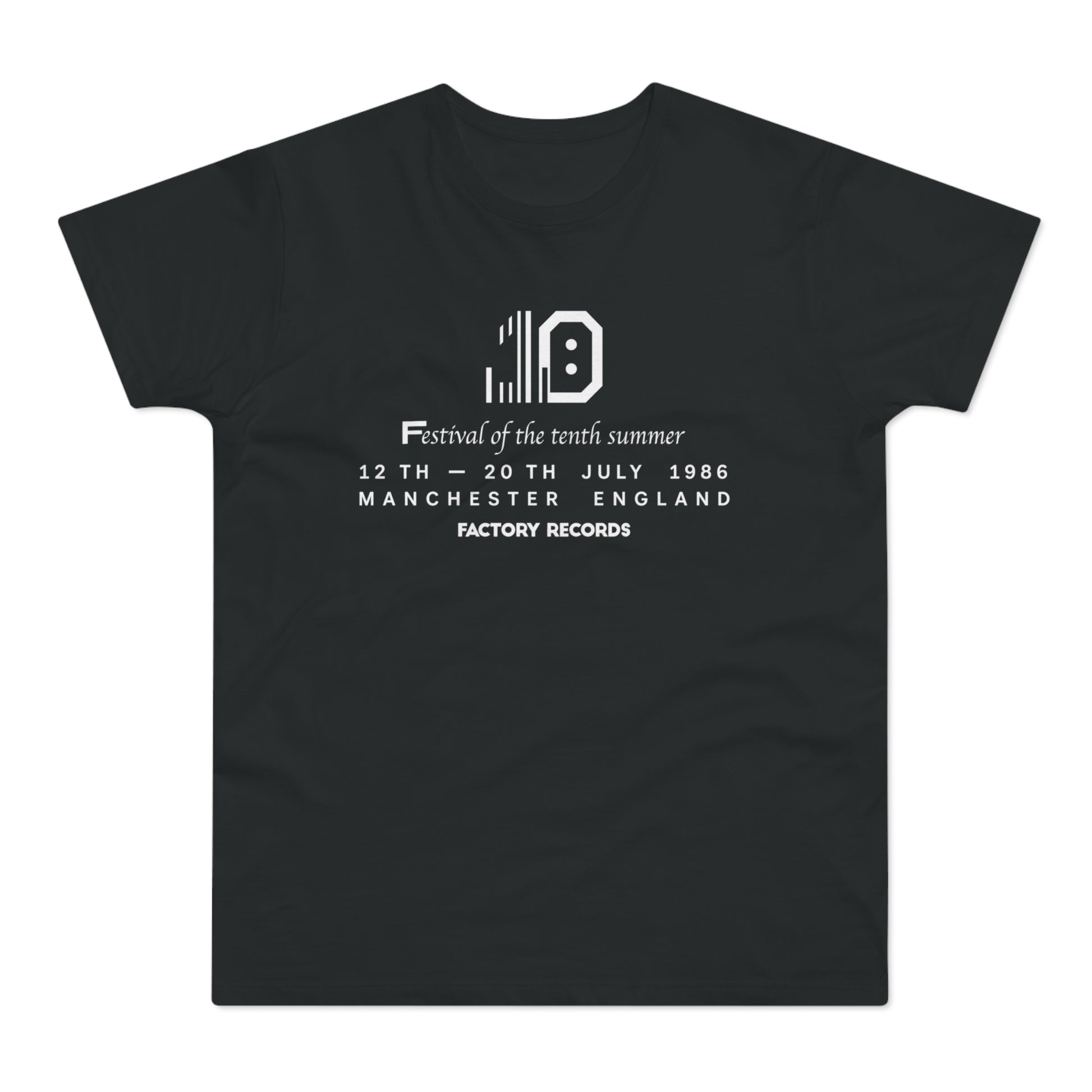Black t-shirt with "Festival of the tenth summer" and Factory Records branding.