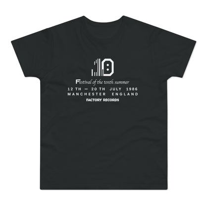 Black t-shirt with "Festival of the tenth summer" and Factory Records branding.