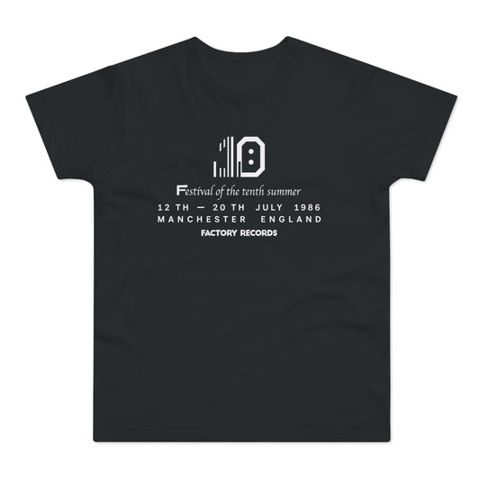 Black t-shirt with "Festival of the tenth summer" and Factory Records branding.