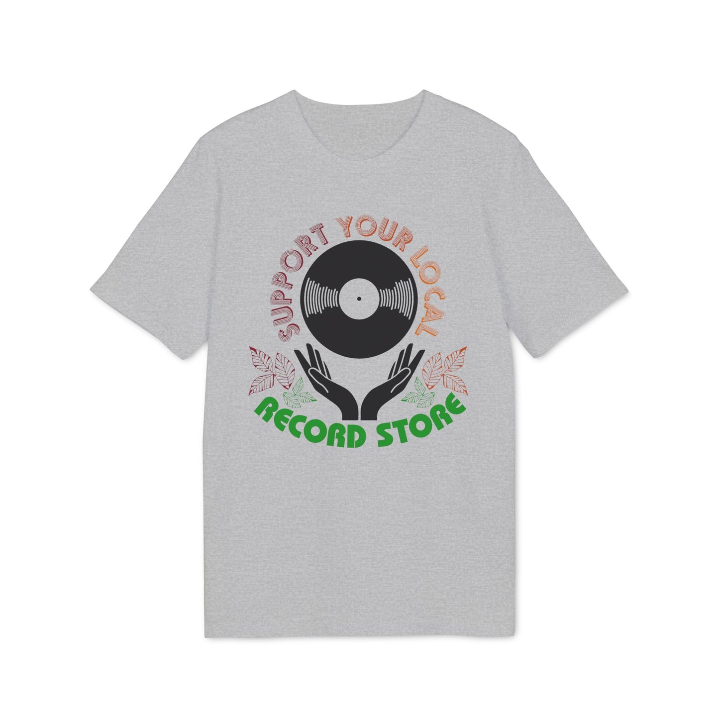 Grey t-shirt with a vinyl record graphic and the text "Support Your Local Record Store".