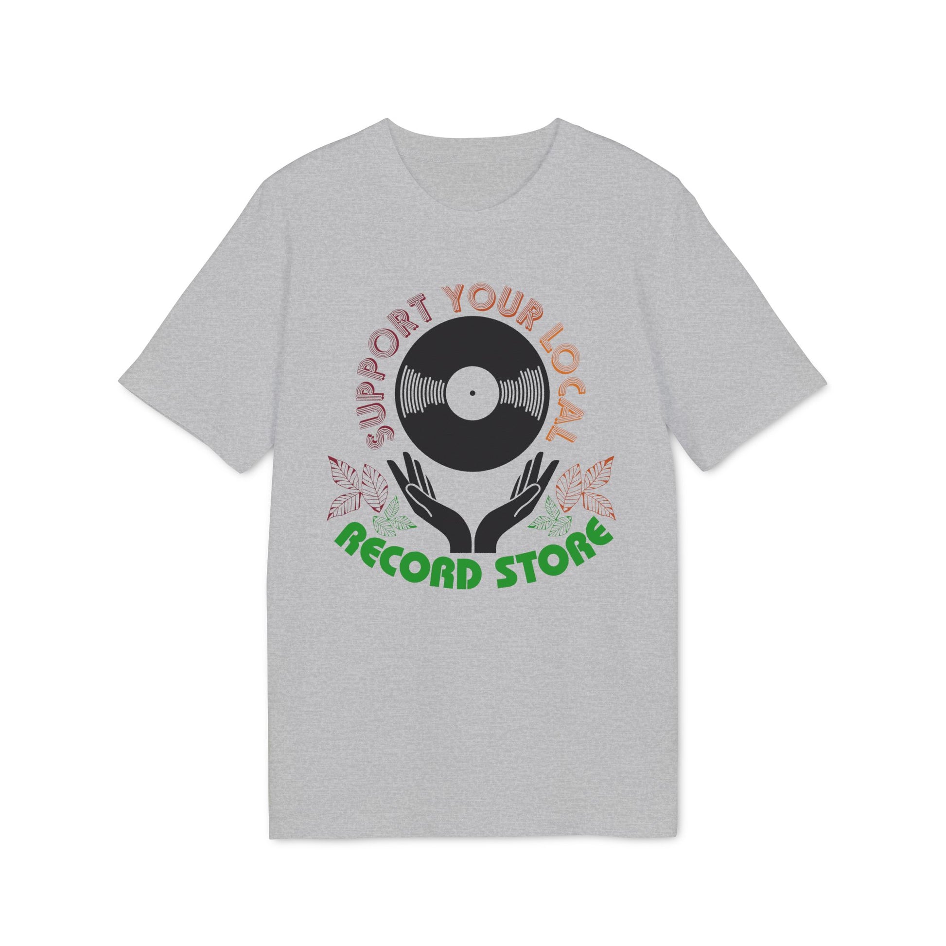 Grey t-shirt with a vinyl record graphic and the text "Support Your Local Record Store".