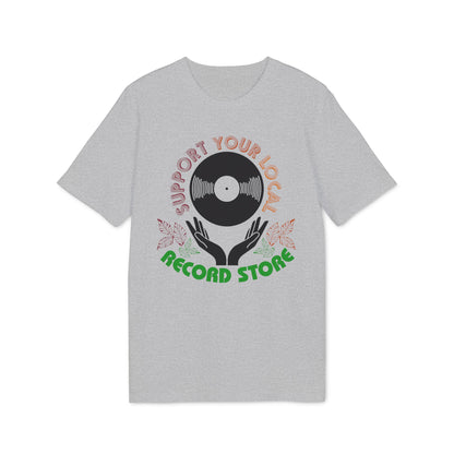 Grey t-shirt with a vinyl record graphic and the text "Support Your Local Record Store".