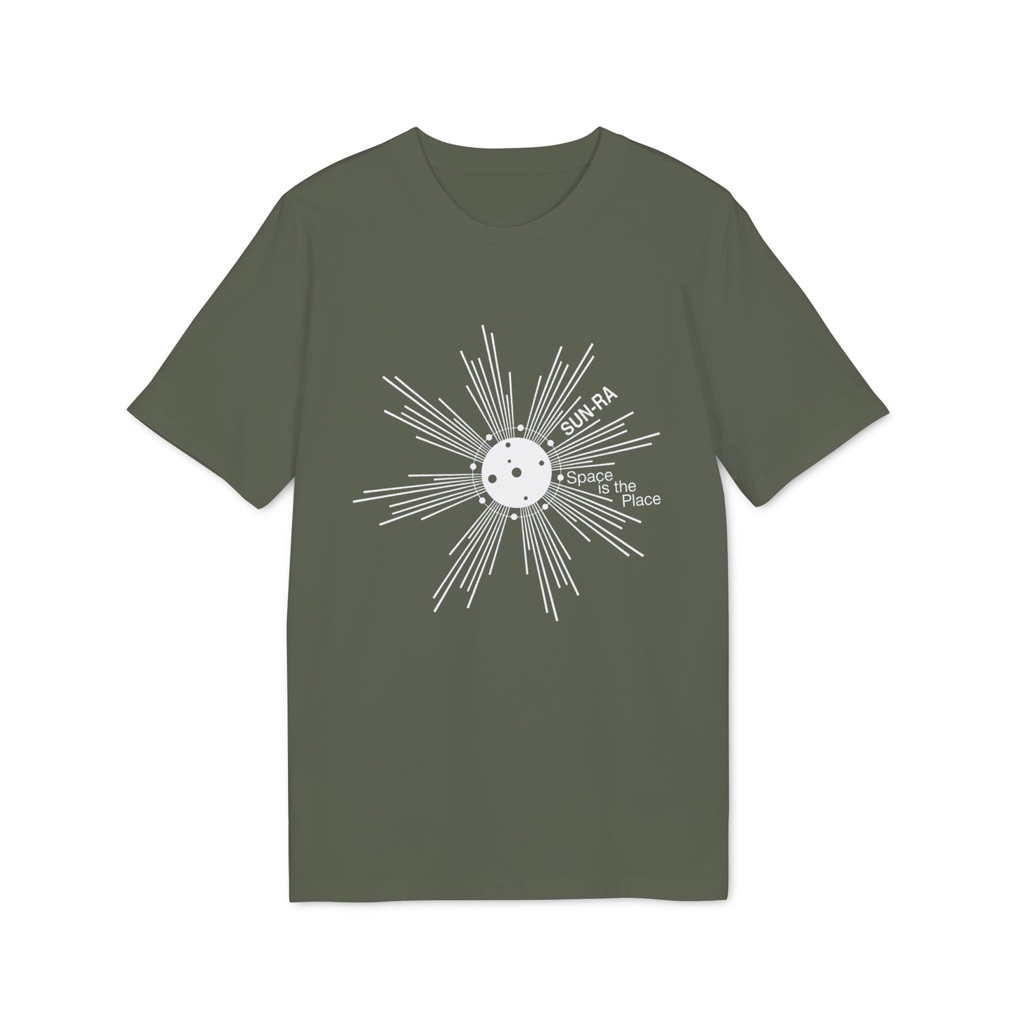 Green t-shirt with white Sun-Ra graphic and "Space is the Place" text.