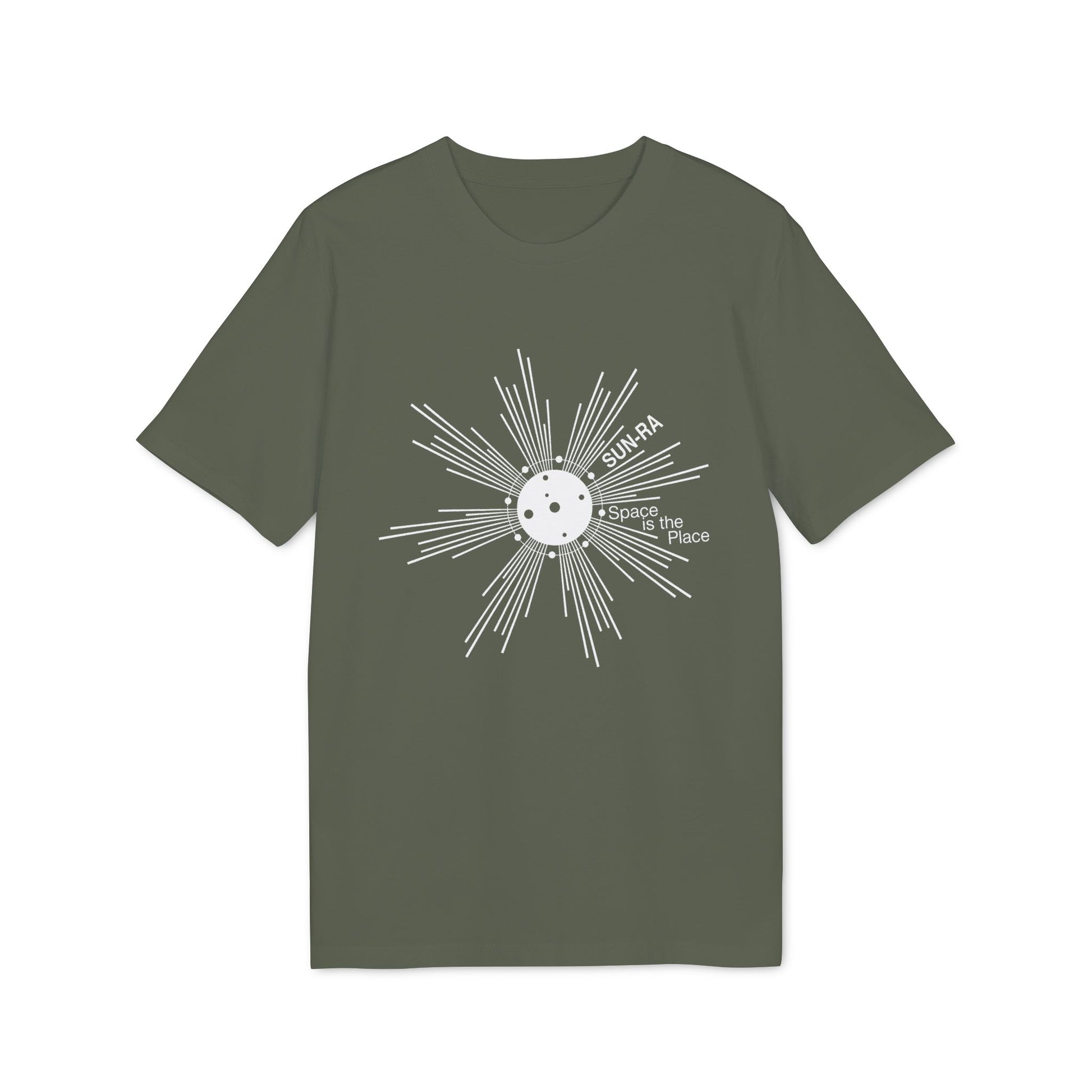 Green t-shirt with white Sun-Ra graphic and "Space is the Place" text.