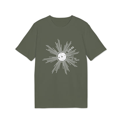Green t-shirt with white Sun-Ra graphic and "Space is the Place" text.
