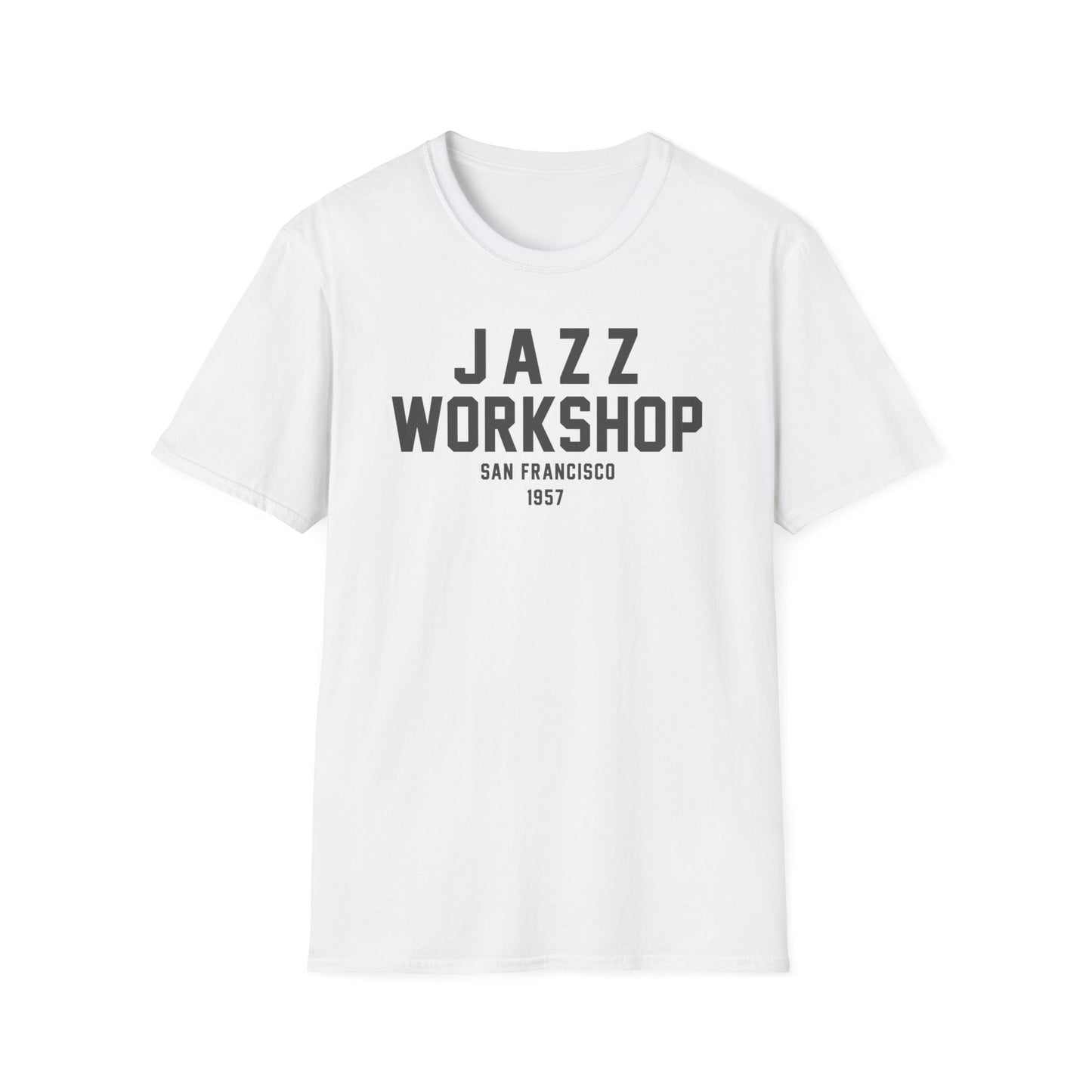 White t-shirt with black text "JAZZ WORKSHOP SAN FRANCISCO 1957".