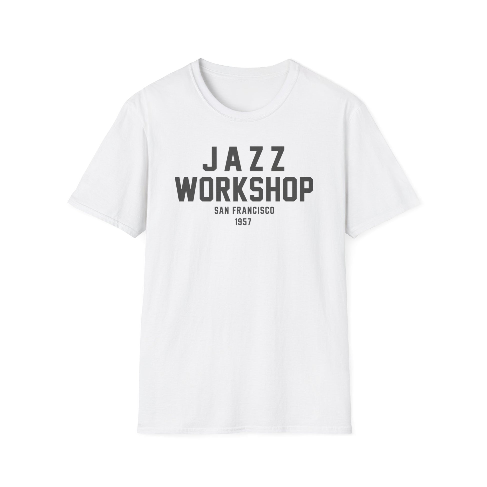 White t-shirt with black text "JAZZ WORKSHOP SAN FRANCISCO 1957".