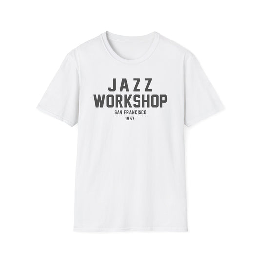 White t-shirt with black text "JAZZ WORKSHOP SAN FRANCISCO 1957".
