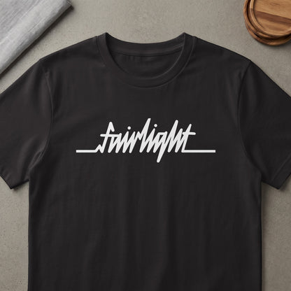 Black t-shirt with white "fairlight" text logo that resembles a heartbeat.