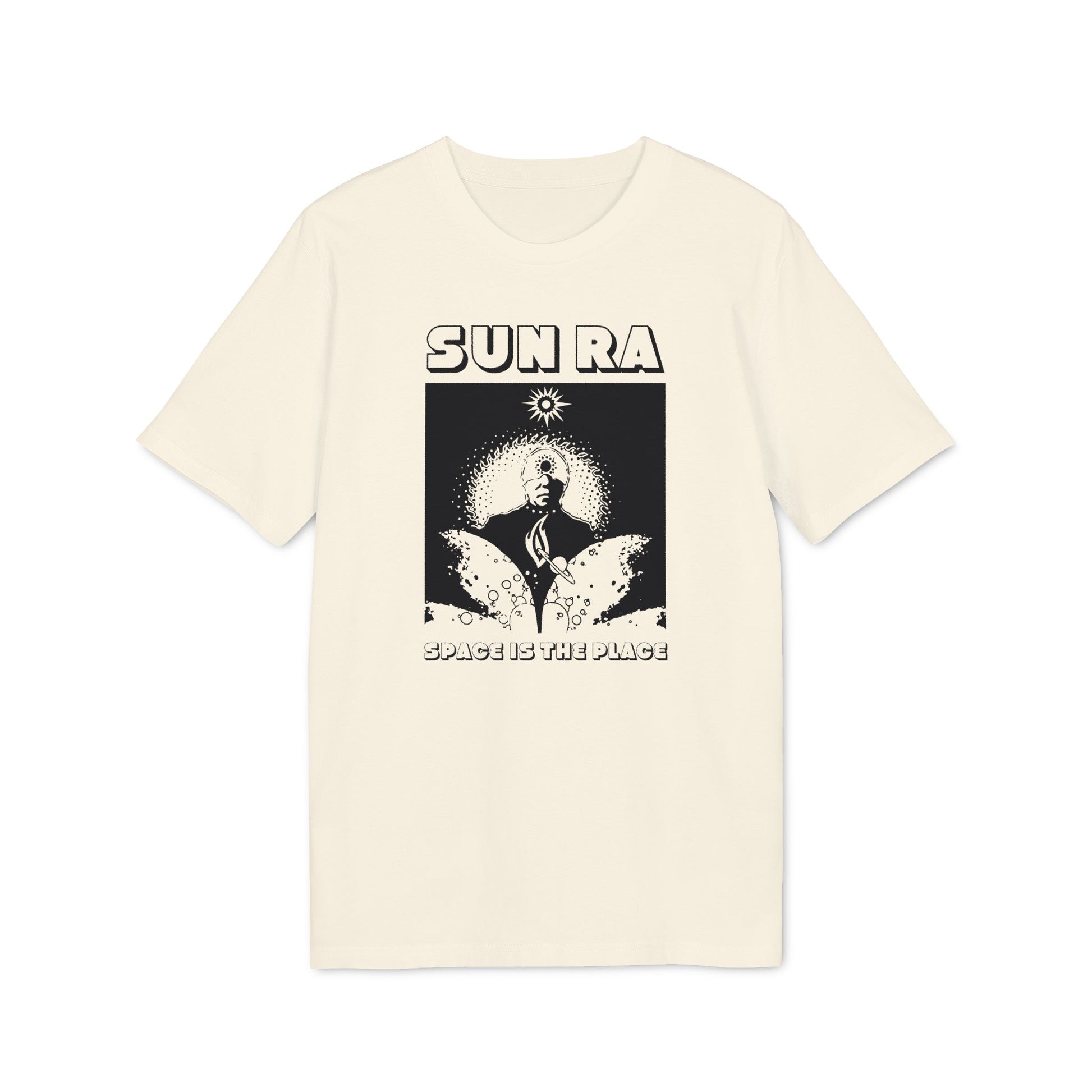Cream t-shirt with black graphic featuring Sun Ra and text "SPACE IS THE PLACE."