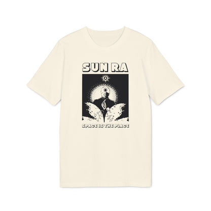 Cream t-shirt with black graphic featuring Sun Ra and text "SPACE IS THE PLACE."