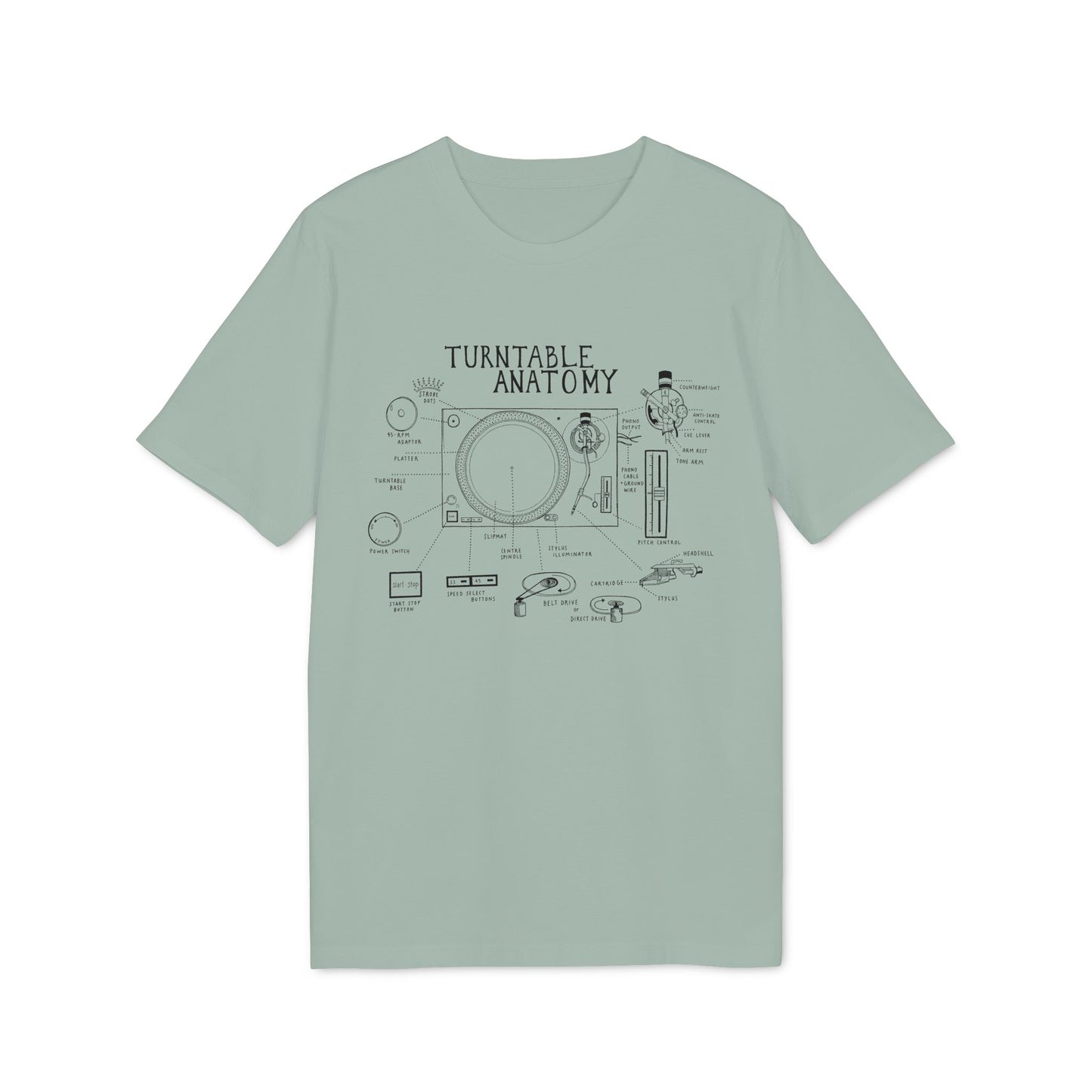 Green t-shirt with "Turntable Anatomy" graphic illustrating all parts of a record player.