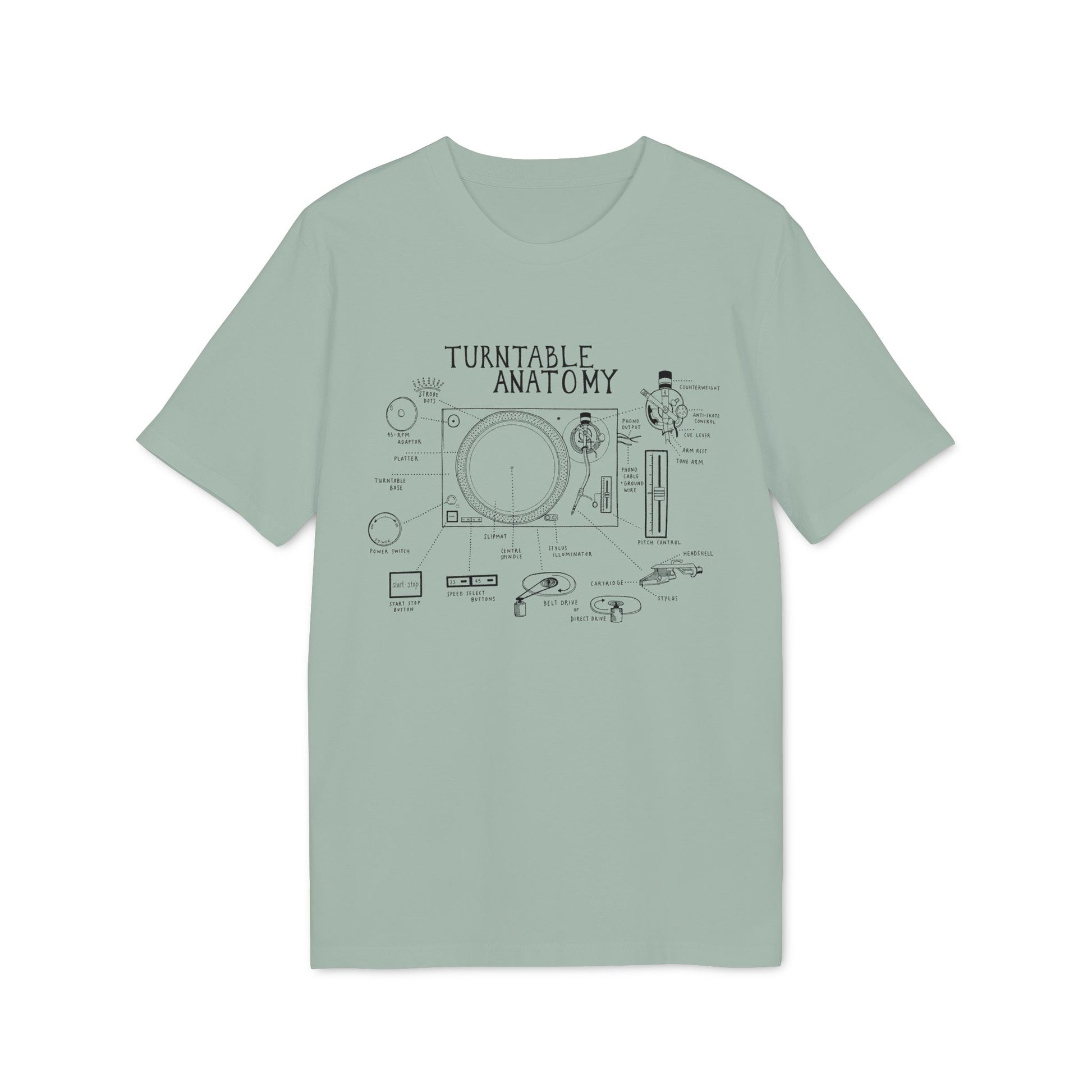 Green t-shirt with "Turntable Anatomy" graphic illustrating all parts of a record player.