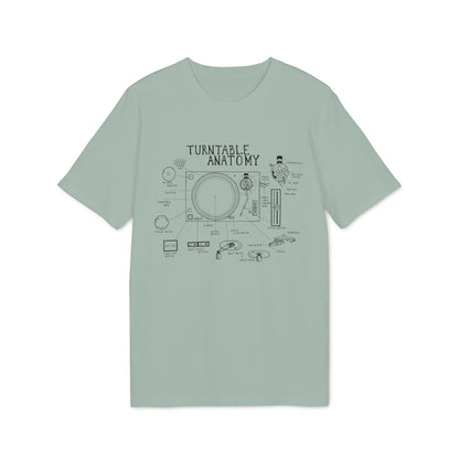 Green t-shirt with "Turntable Anatomy" graphic illustrating all parts of a record player.