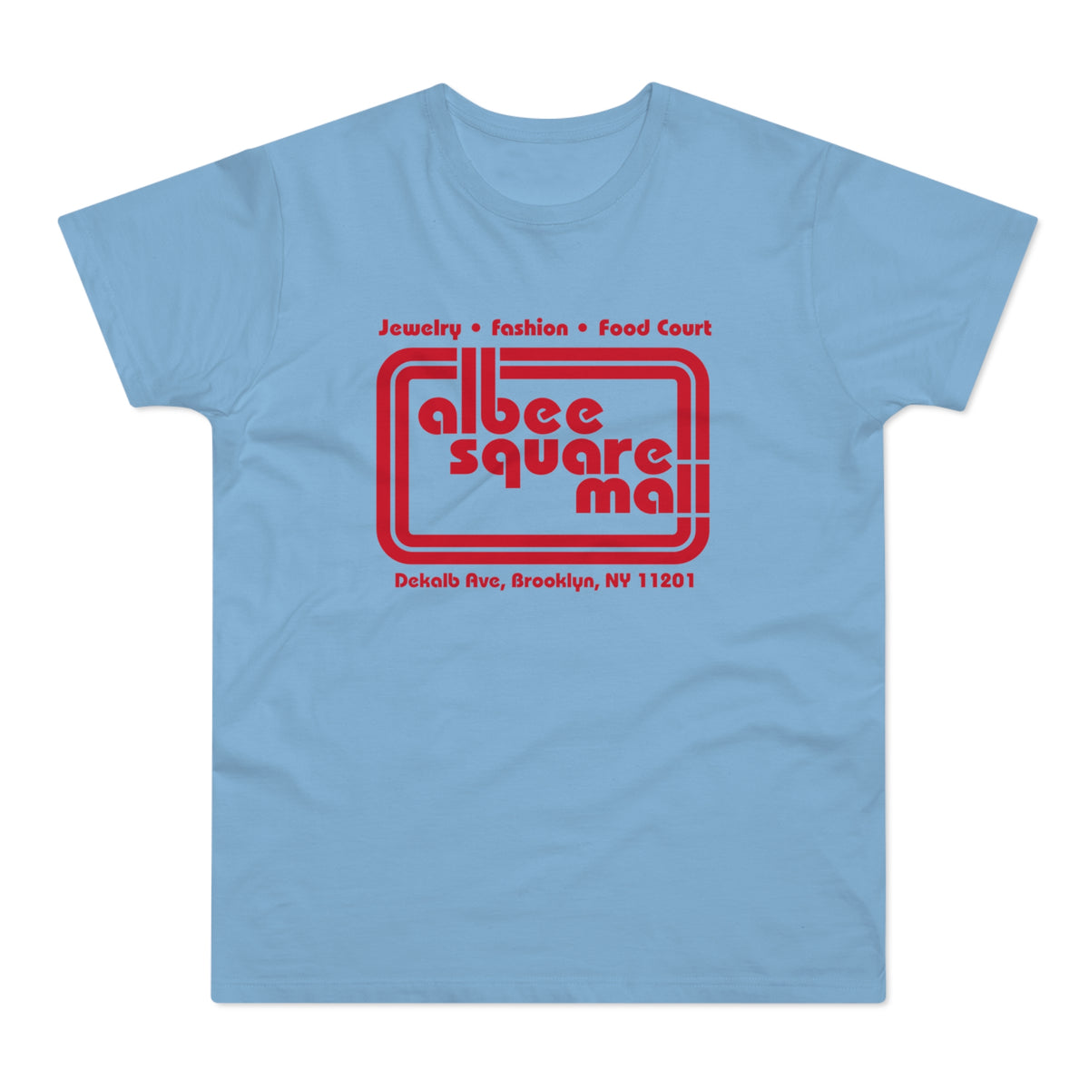 Light blue t-shirt with red Albee Square Mall logo and address.