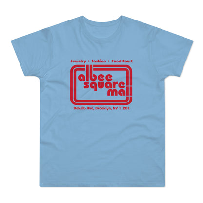 Light blue t-shirt with red Albee Square Mall logo and address.