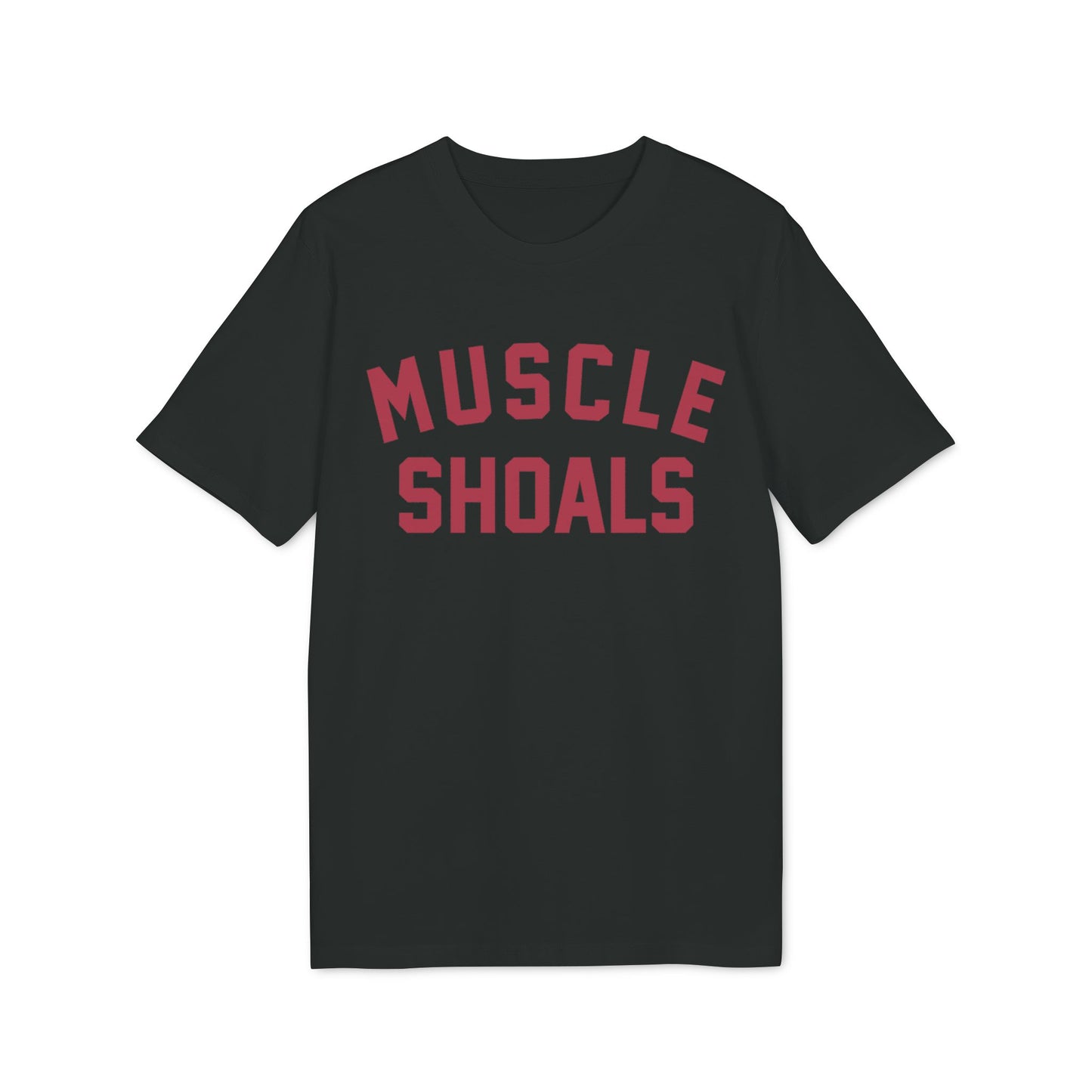 Black t-shirt with red text reading "MUSCLE SHOALS".