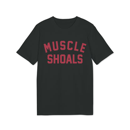 Black t-shirt with red text reading "MUSCLE SHOALS".