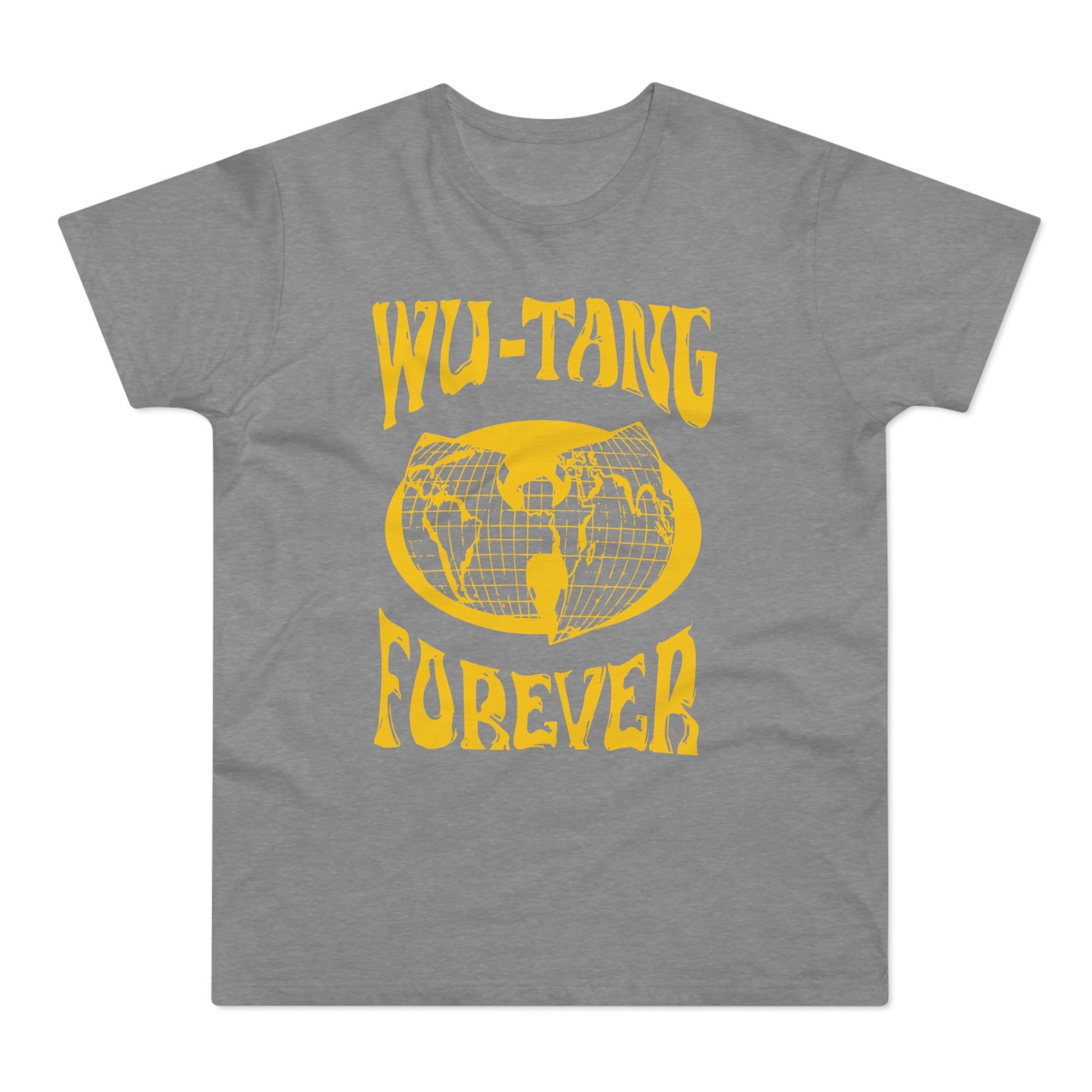 Grey t-shirt with yellow Wu-Tang Clan logo and "FOREVER" text.