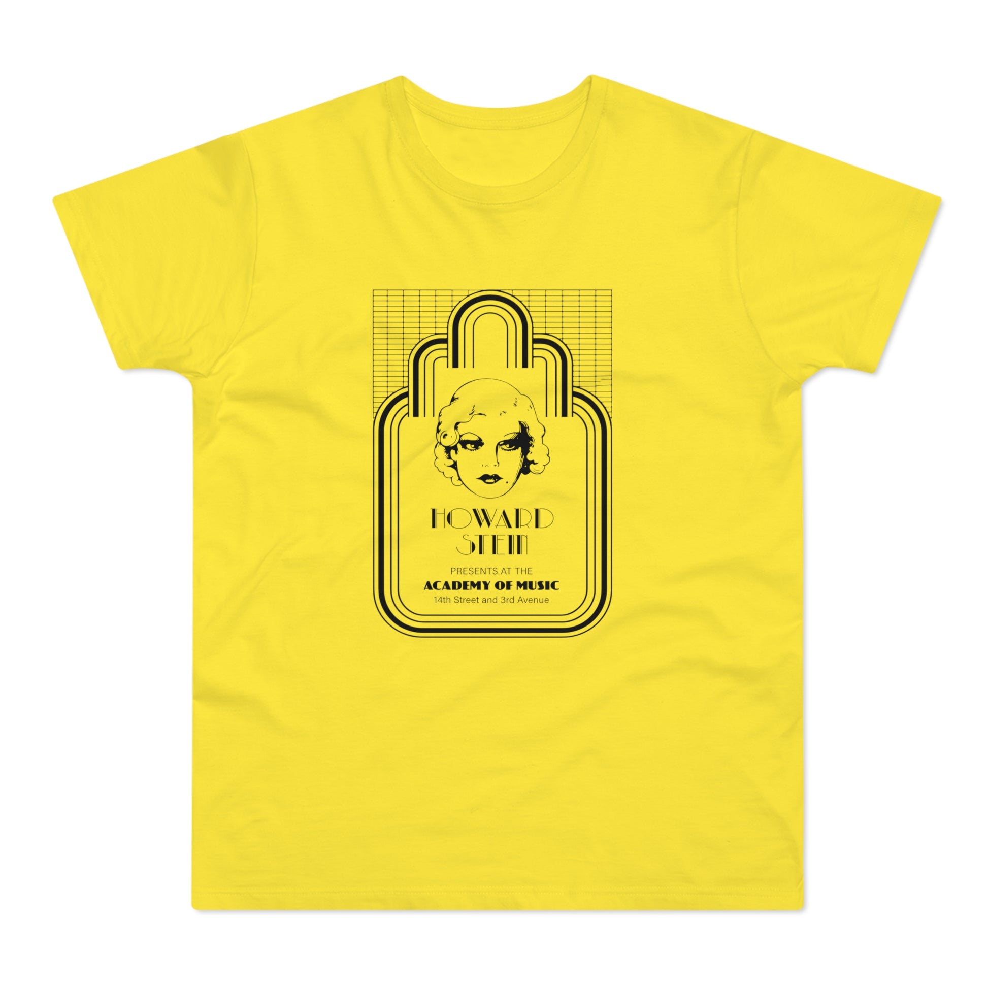 Yellow t-shirt with a black graphic of a woman's face, "Howard Stein," and "Academy of Music."