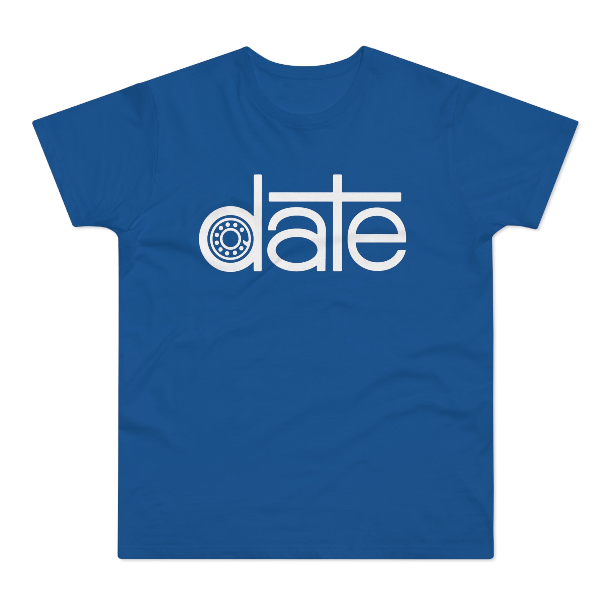 Blue t-shirt with white text and a bearing graphic reading "date".