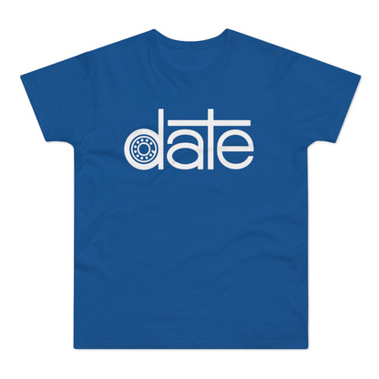 Blue t-shirt with white text and a bearing graphic reading "date".