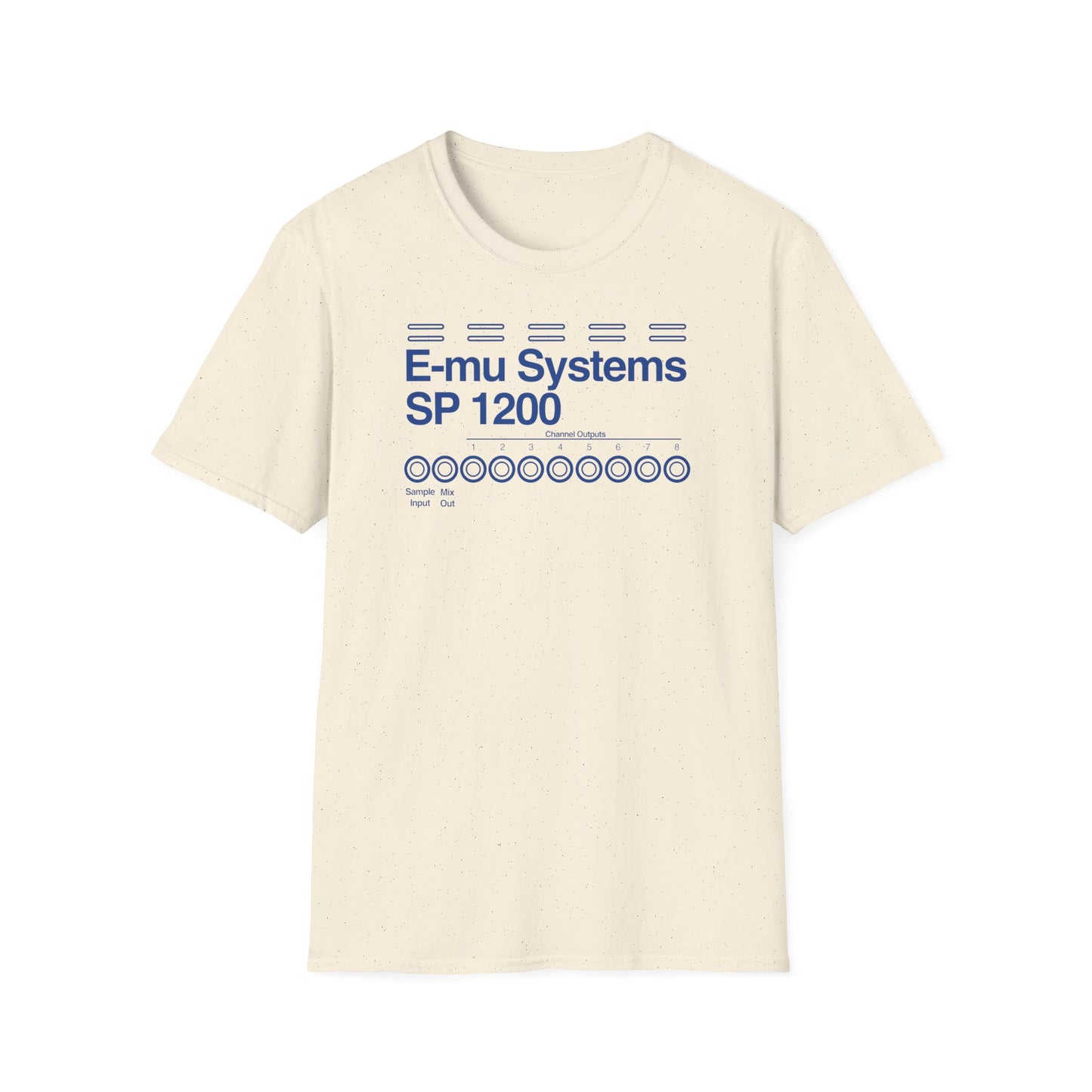 Cream t-shirt with blue E-mu Systems SP 1200 design and channel outputs.