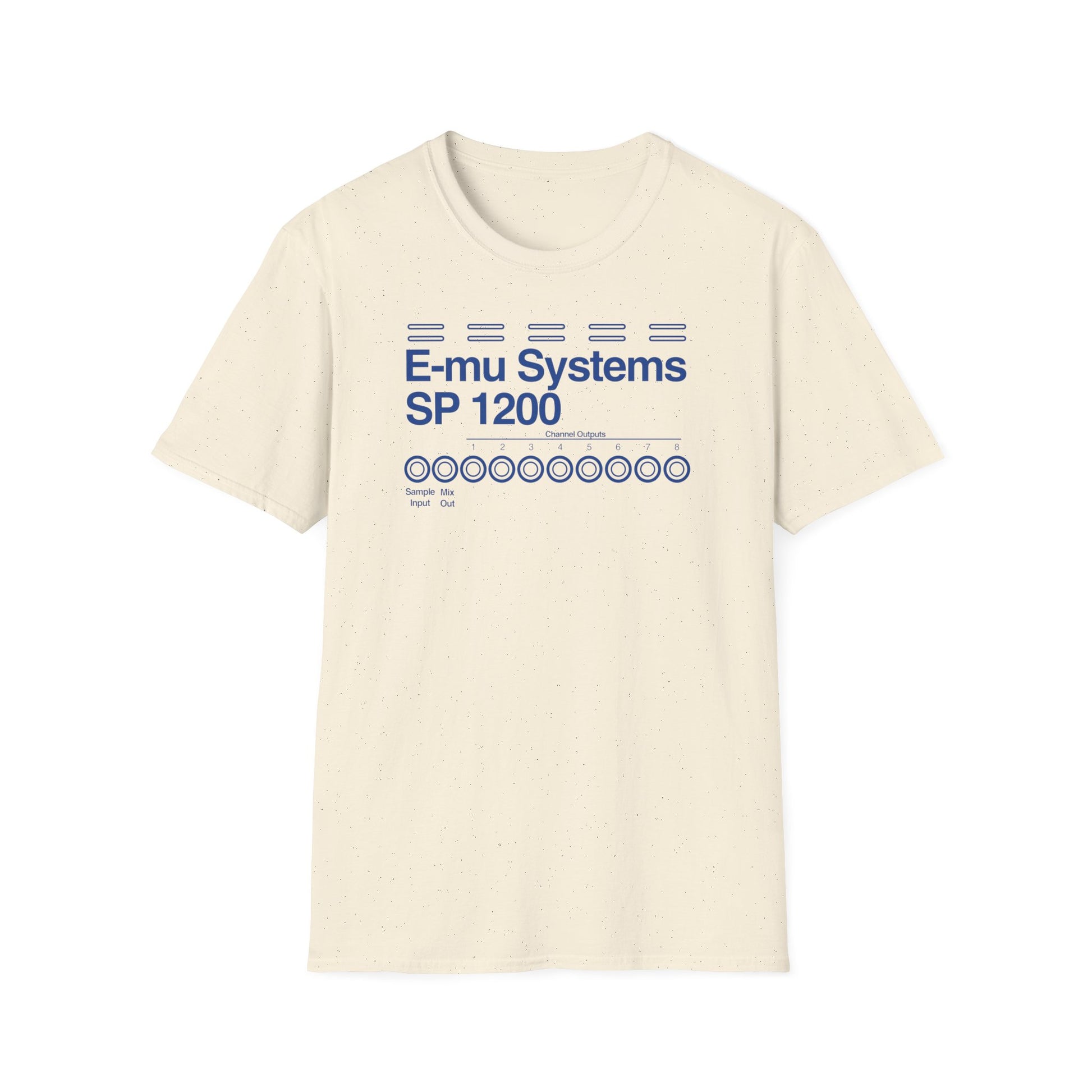 Cream t-shirt with blue E-mu Systems SP 1200 design and channel outputs.