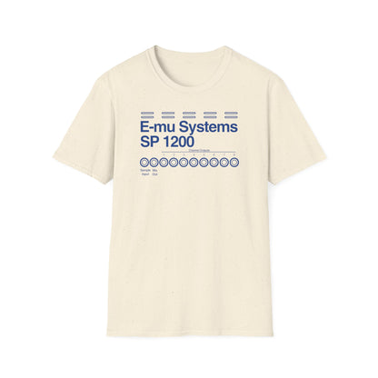 Cream t-shirt with blue E-mu Systems SP 1200 design and channel outputs.
