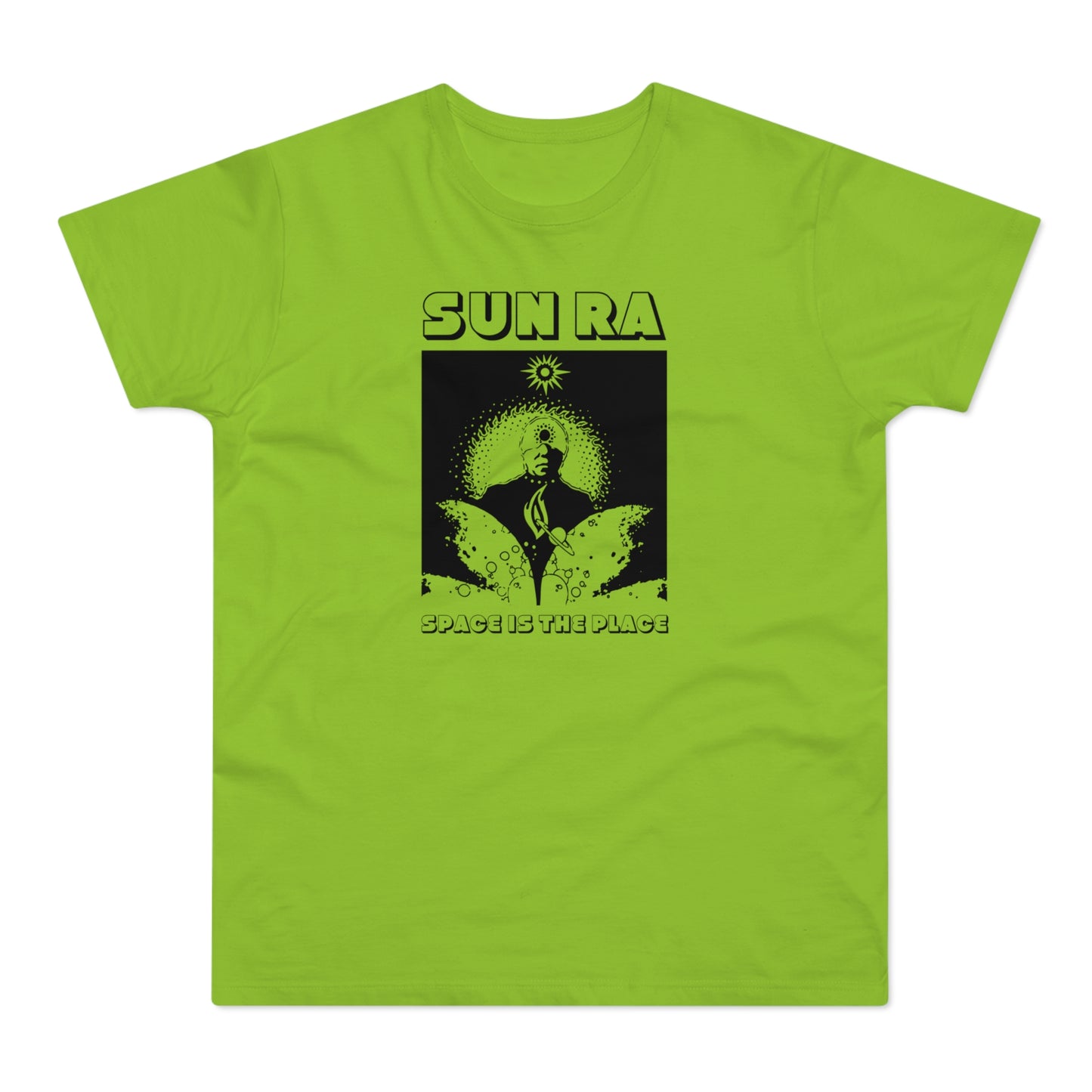 Graphic of Sun Ra with text "SUN RA" and "SPACE IS THE PLACE" on a green shirt.