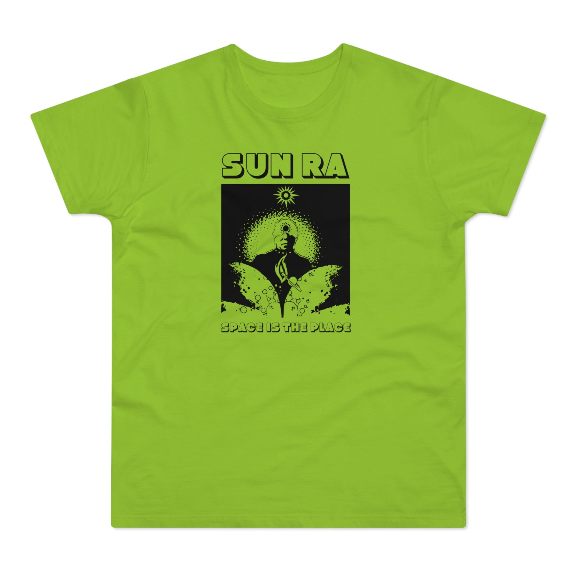 Graphic of Sun Ra with text "SUN RA" and "SPACE IS THE PLACE" on a green shirt.